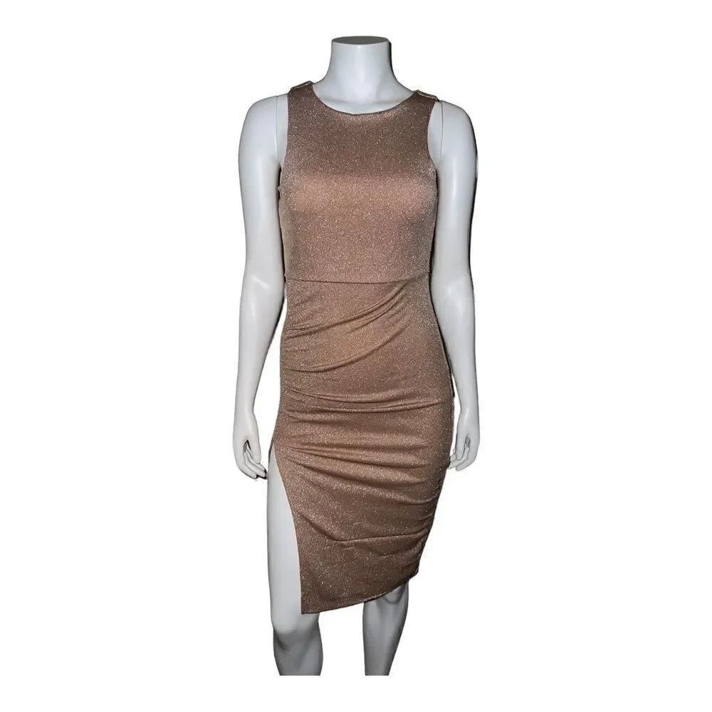 Forever 21 Tan & Silver Sparkle Bodycon Sheath Dress Medium NWT